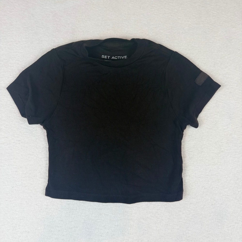 SET ACTIVE Women Black Ribbed Short Sleeve Cropped Crew Neck Top Size S